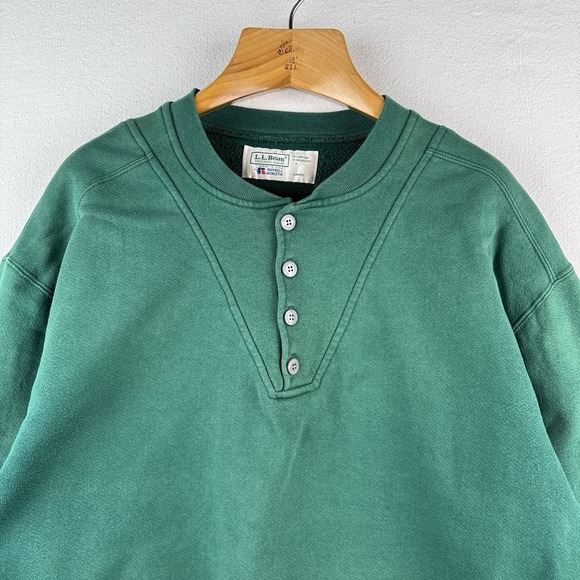 90s Vintage LL Bean X Russell Athletic Men's Large Green Henley Sweatshirt USA - Picture 3 of 14